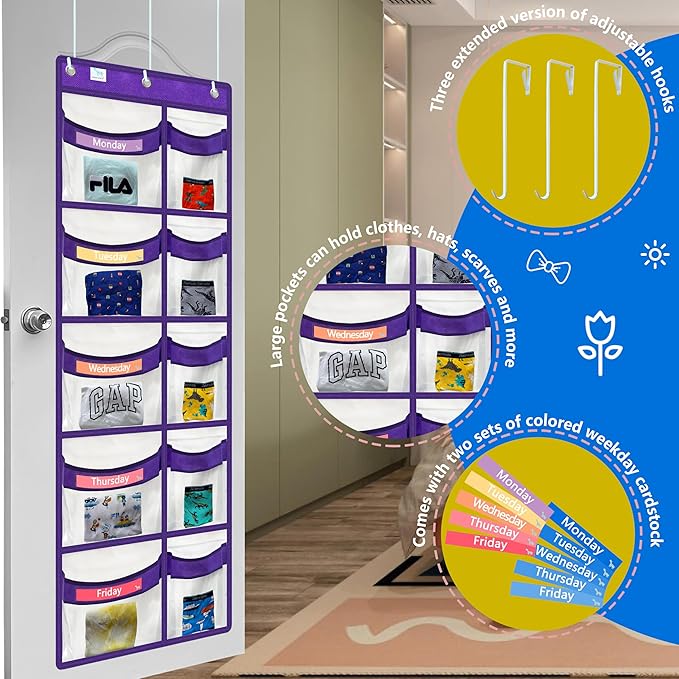 weekly clothes organizer for kids are a must have for parents,5 drawer storage organizer,Extended hook12 inches,kids clothes organizer, comes with two sets of label cards,2025 New White/Purple