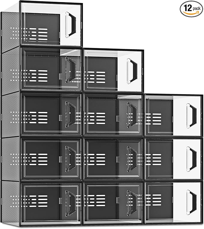 SEE SPRING XX-Large Shoe Storage Box Fit Size 13, Clear Plastic Stackable Shoe Organizer for Closet, Space Saving Sneaker Shoe Rack Containers Bins Holders for Entryway, Under Bed, 12 Pack Black