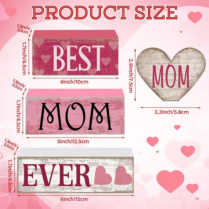 Yuntau 4 Pcs Mothers Day Table Decorations Mothers Day Tiered Tray Decor Mom Wooden Sign Mothers Day Centerpiece Decorative Faux Book Stack Block for Coffee Table Fireplace Mantel Floating Shelf