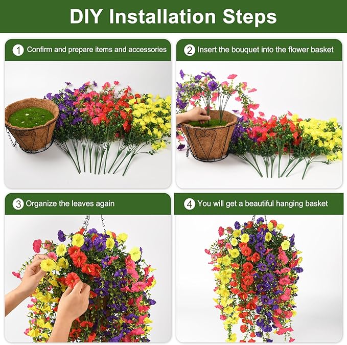 Homsunny Artificial Fake Hanging Flowers Plants Baskets for Outdoor Spring Decoration, Faux Morning Glory Silk Flower for Outside Realise UV Resistant Patio Yard Porch Balcony Home Decor (Mixed 1)