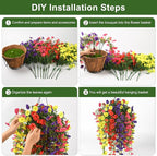 Homsunny Artificial Fake Hanging Flowers Plants Baskets for Outdoor Spring Decoration, Faux Morning Glory Silk Flower for Outside Realise UV Resistant Patio Yard Porch Balcony Home Decor (Mixed 1)