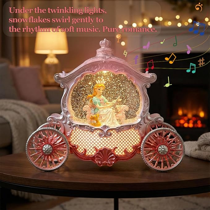Christmas Pink Carriage Snow Globe with Music and Pricess - Christmas Snow Globes - Battery Or USB Cable Powered Operated (Pink Princess)