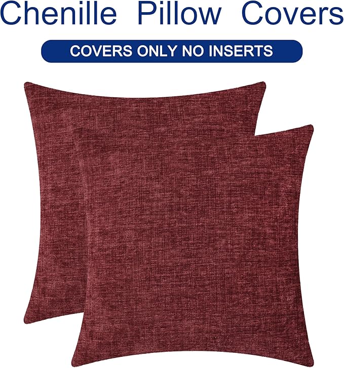 CaliTime Christmas Throw Pillow Covers Decorative 18 X 18 Inches Pack of 2 Cozy Chenille Cushion Cases for Couch Sofa Bed Living Room Home Burgundy