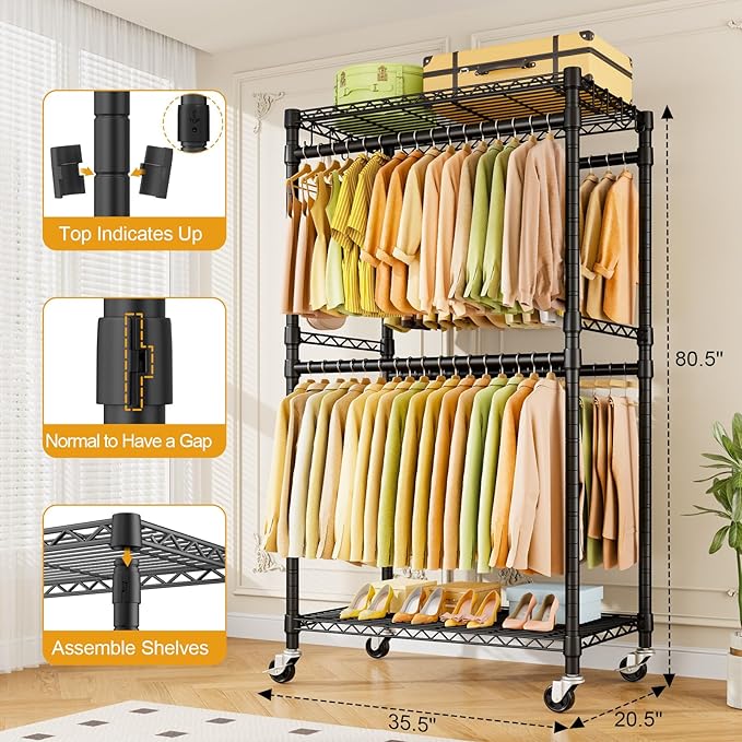 P4 Rolling Clothes Rack Heavy Duty, Clothing Racks for Hanging Clothes, Freestanding Garment Racks with Wheels, Metal Portable Closet Rack 35.5''W × 20.5''D × 80.5''H, Max Load 560Lbs, Black