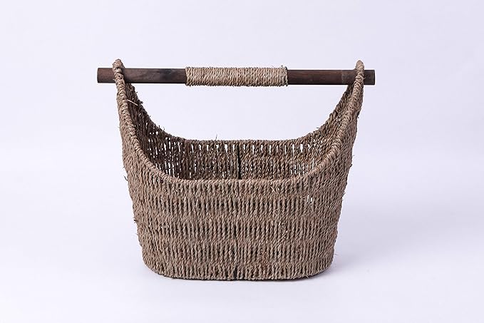 Vintiquewise Seagrass Basket with Wooden Handle 13" X 16"h