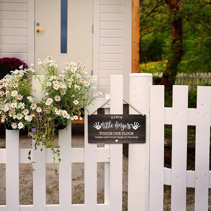 Wall Pediments Shoes Off Sign,Shoes Off Sign for Front Door,Since Little Fingers Touch Our Floor Door Sign,Shoes Off Hanging Welcome Sign for Front Door,10x8 Inches，Wood Grain-4