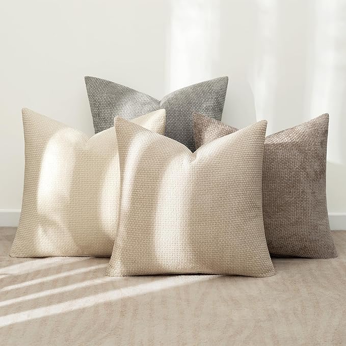 MIULEE Pack of 4 Couch Throw Pillow Covers 18x18 Inch Neutral Beige/Brown Soft Decorative Chenille Pillow Covers Farmhouse Accent Cushion Covers for Boho Spring Home Decor Sofa Bedroom Living Room