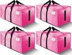 4 Pack Large Strong Moving Bags with Zippers & Carrying Handles - Water-Resistant - Heavy Duty Storage Tote for Space Saving, Fold Flat, Alternative to Moving Box (Pink)