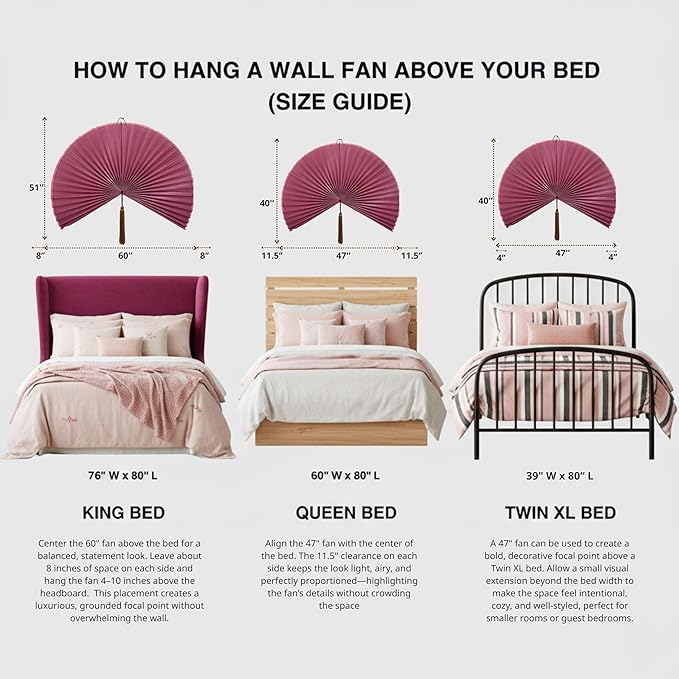 Big Fan Decor 60", Bamboo Wall Fan for King Bed, Japanese Wall Fan Light Pink Handwoven Art, Massive Aesthetic Hanging, Hook Included (Light Pink)