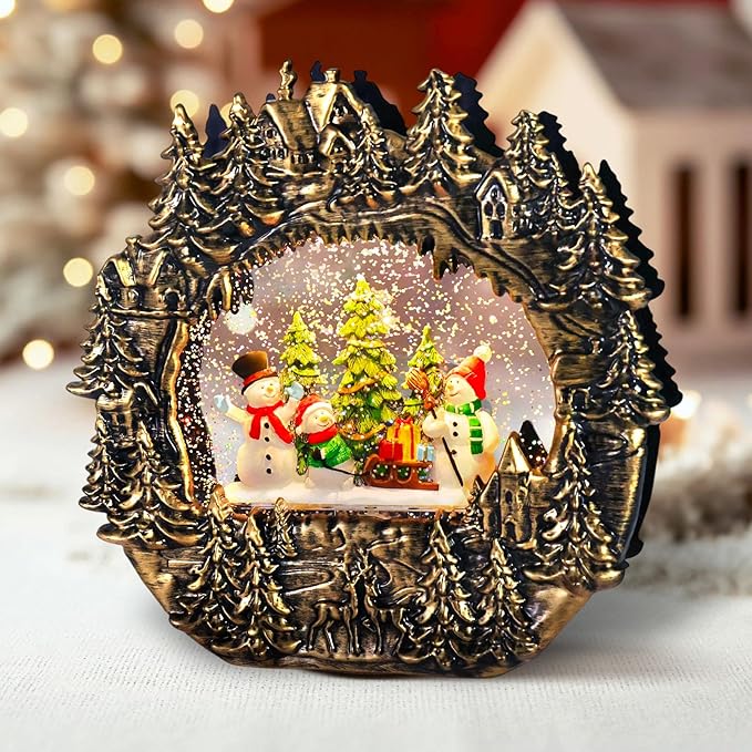 Christmas Snow Globe Lantern Water Glittering Lantern with Snowman 8 Music Songs & 6H Timer Christmas Snow Globes USB & Battery Operated for Christmas Festival Decorations Gifts (Bridge-Snowman)