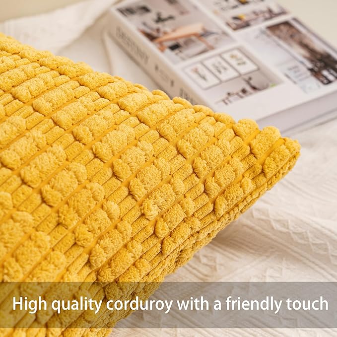Aegero Pack of 2 Corduroy Decorative Throw Pillow Covers 22x22 Inch Soft Striped Pillow Covers Modern Farmhouse Home Decor for Sofa Living Room Couch Bed（Yellow）
