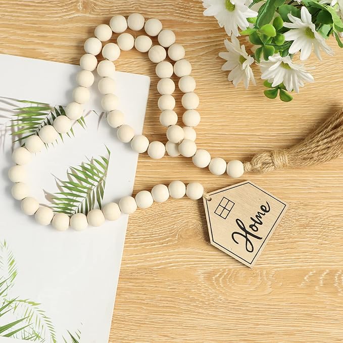 Meplait Home Wooden Bead Garland with Tassel, Decorative Beads Home Decor Farmhouse Tassel Garland Boho Decor for Tiered Tray（38in）