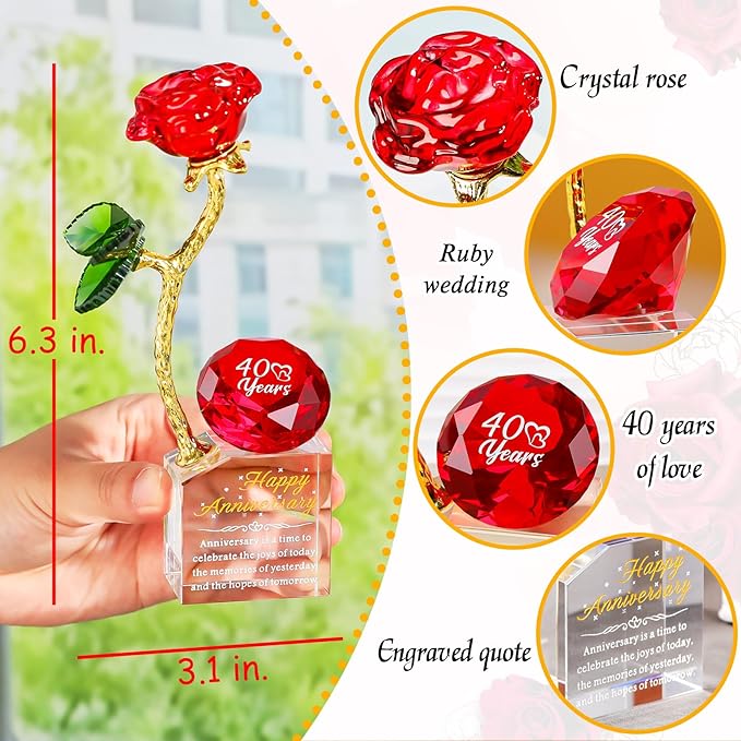 YWHL 40th Wedding Anniversary Rose Gifts for Parents, 40 Years Happy Anniversary Ruby Wedding Gift for Couples, Crystal Rose Figurine with Red Diamond, Romantic Valentines Day Present for Wife