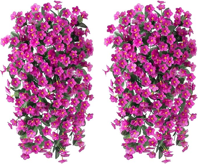 HyeFlora Artificial Fake Hanging Flowers Plants for Outdoor Outside Spring Decor, 2 PCS Faux Silk Fuchsia Daisy UV Resistant Look Real Orchid Long Vines for Home Porch Patio Window Planter Decoration