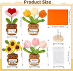 4 Pcs Thank You Gifts for Women, Positive Crochet Sunflower Tulip Heart Potted Plant Flower Dolls with Card Wooden Stands and Box, Teacher Employee Appreciation Gifts, Mothers Day, Birthday Gift