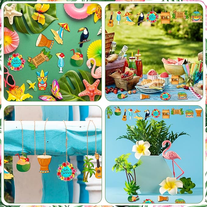 Geelin 36 Pcs Summer Wood Hanging Ornaments for Tree Mini Tree Decorations Hawaiian Beach Wooden Pendant Decorations with String for Luau Party Supplies(Aloha)