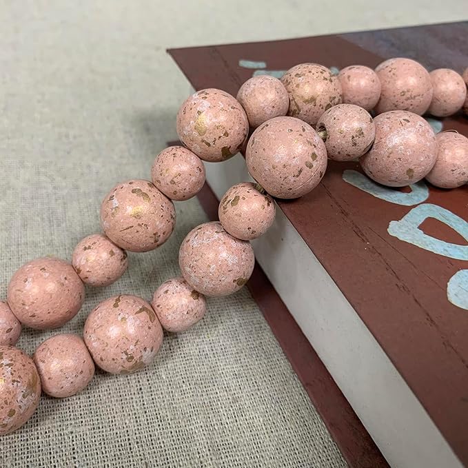 Handcrafted Farmhouse Wooden Decorative Beads Garland, Table Tray Boho Wood Beads with Tassel, Small Rustic Antique Decor for Home and Events (Rose Dawn Gold)