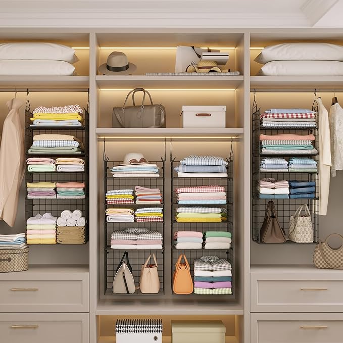 X-cosrack Closet Hanging Organizer Shelves - 5 Tier Wardrobe Organizers and Storage Bin, Hanging Organizer Shelves, Clothes Shelf with Adjustable Dividers for Bedroom Closet Sweater Shoes Handbag