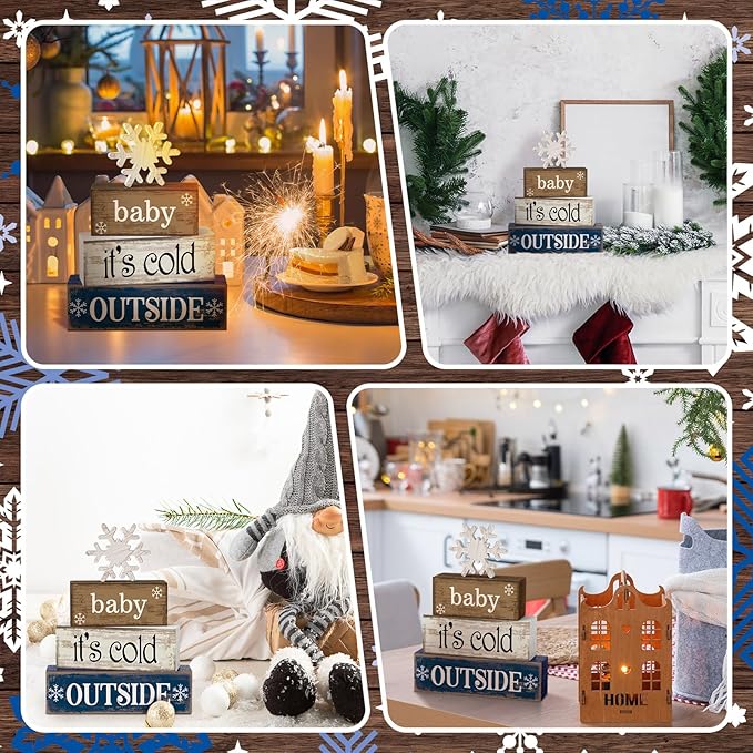 Moucuny 4 Pcs Christmas Table Decoration Winter Wooden Stacked Block, Baby It's Cold Outside Signs with Snowflake Topper, Rustic Christmas Tiered Tray Decor Snowflake Decor for Home Office Shelf