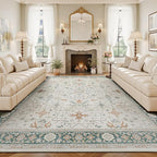 Lessymo Washable Area Rug 9x12 for Living Room, Cream Green Large Rugs for Bedroom Dining Nursery Room, Soft Non-Slip Vintage Floral Oushak Carpet, Boho Tribal Farmhouse Decor