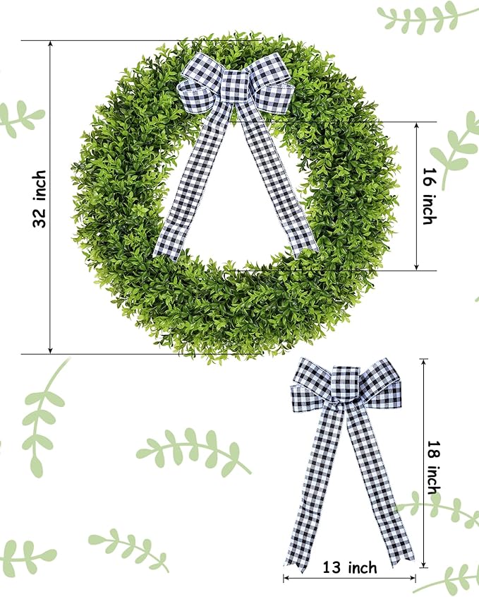 Vlorart 32" Faux Boxwood Wreath, Artificial Large Boxwood Wreaths Front Door, Spring Summer Waterproof Green Wreath Hanging with A Bow for Wall Farmhouse Outside Window Wedding Party Decor Year Round