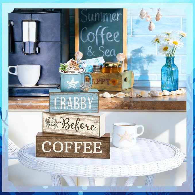 Lineshading 4 Pcs Summer Table Decorations Wooden Beach Coffee Decor Summer Tiered Tray Decor Farmhouse Crabby Before Coffee Crab Block Signs Gifts for Beach Nautical Party Home Office Decorations