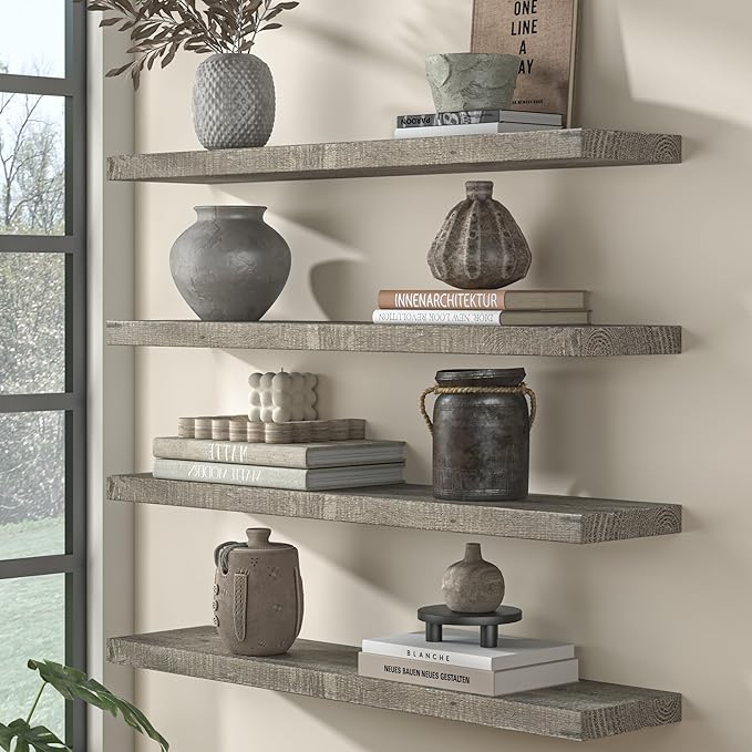Fun Memories 48 Inch Reclaimed Wood Floating Shelves for Wall, 8 Inch Deep Heavy Duty Rustic Farmhouse Floating Shelf with Invisible Brackets for Fireplace Mantel & Coffee Bar, Grey
