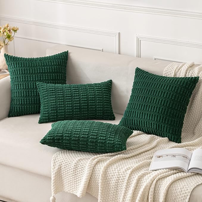 MIULEE Pack of 2 Dark Green Corduroy Decorative Pillow Covers 18x18 Inch Soft Boho Striped Throw Pillow Covers Modern Farmhouse Home Decor for Sofa Living Room Couch Bed