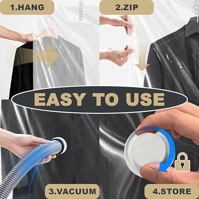 Hanging Vacuum Storage Bags,Hanging Vacuum Sealer Storage Space Saver Bags for Clothes, Suits, Coats, Dresses or Jackets, Reusable Compressed Vacuum Bags Closet Organizers,8 Pack(4 Long,4 Short)