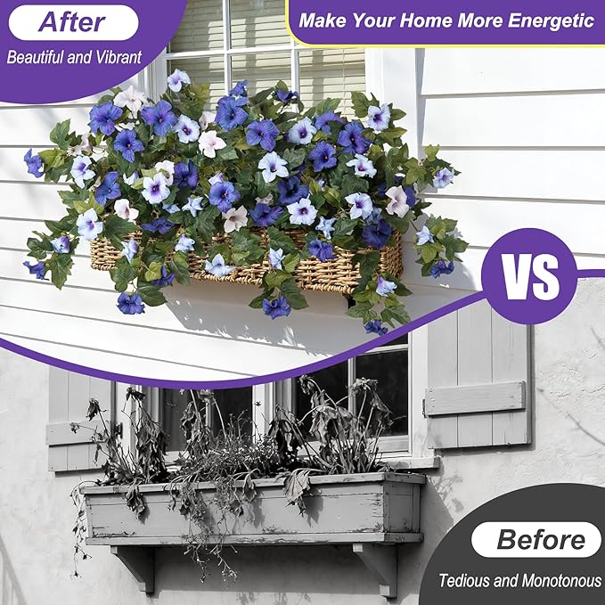 Artificial Fake Petunia Flowers for Outdoor Decoration, 2PCS Faux Silk Petunias Flower for Spring UV Resistant No Fade Realistic Plants for Garden Balcony Yard Porch Indoor Decor(Blue White)