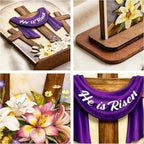 KATINAT He Is Risen Easter Decor Wooden Plaque – Christian Resurrection Cross Table Sign with Purple Cloth, Religious Easter Decoration for Home, Church, Christian Gift, Resurrection Sunday Decor