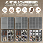 2 Pack Shoe Organizer for Closet,Foldable Shoe Storage Organizer with Adjustable Dividers, Shoe Storage Box with Clear Cover, Fits up to 16 Pairs, Gray
