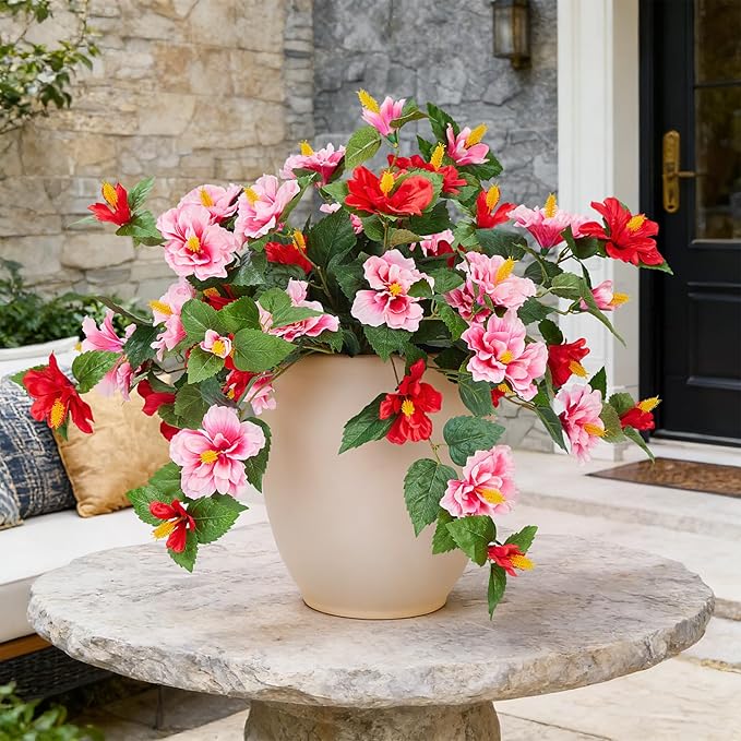 Artificial Flowers for Outdoors Indoors,2 Bunches Fake Hibiscus with Realistic UV Resistant Silk Flower Fabric Leaves,Faux Plants Outside for Home Patio Garden Yard Front Poch Decor(Red,Pink)