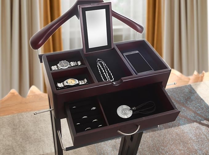 Proman Products Norstar Suit Valet Stand VL16245 with Detachable Hanger, Trouser Bar, Tie Bars, Mirror Tray & Drawer, 20”W x 15” D x 49”H, Mahogany
