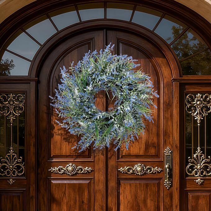 26'' Large Lavender & Eucalyptus Wreath for Front Door - Artificial Eucalyptus Leaves Greenery Outdoor Wreath for Wedding Farmhouse Porch Wall Room Home Decor (Blue)