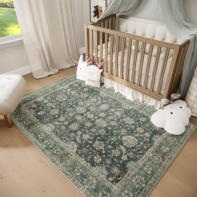 Washable 4x6 Rugs for Living Room, Boho Non-Slip Vintage Distress Small Rugs for Bedroom Nursery Office, 0.3" Neutral Oriental Throw Thin Carpet with Cushioning Pad, Sage Green/Blue/Multi