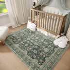 Washable 3x5 Entryway Rug, Boho Non-Slip Vintage Distress Small Rugs for Kitchen Nursery Office Bedroom, 0.3" Neutral Oriental Throw Thin Carpet with Cushioning Pad, Sage Green/Blue/Multi
