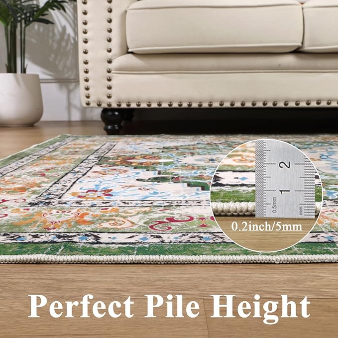 U'Artlines Boho Vintage Area Rug 4x6 Machine Washable Low Pile Soft Floor Carpet Non Slip Non Shedding Accent Rug for Living Room Bedroom Entryway Dining Room Office Green