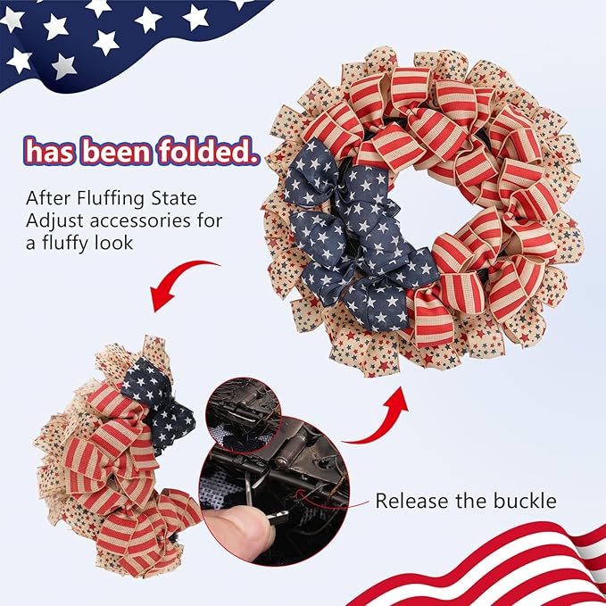 Patriotic Wreath for Front Door, 24 inch 4th of July Decorations Burlap Foldable Wreath for 250th Anniversary American Independence Day Memorial Day Decor