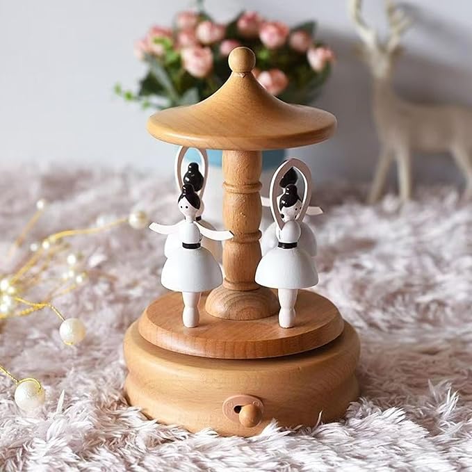 Natural Solid Wood Handcrafted Beech Wooden, Musical FigureTotoro/Carousel/Fairy/Ballerina Figurine,Rotating Hand Crank Mechanism Music Box,Musical Decorations (Ballet Dancers)