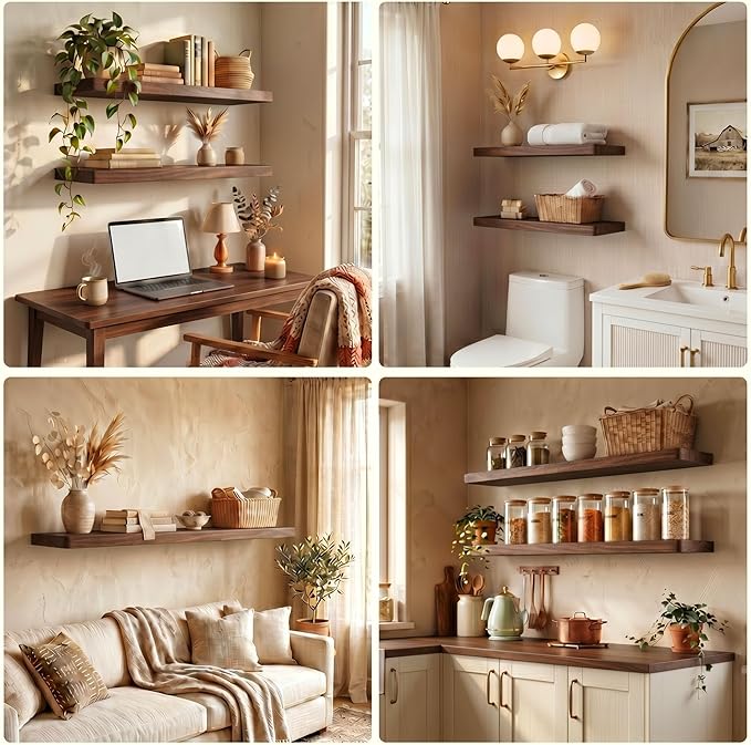 36 Inch Floating Shelves, Solid Wood Wall Shelves, 8 Inch Deep Floating Shelf – for Bathroom, Bedroom, Living Room, Kitchen, Home Decor & Storage, Heavy-Duty Wooden Shelf Wall-Mounted, Set of 2