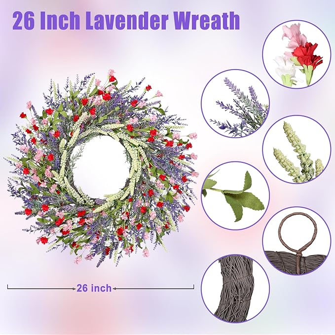 LZNPA 26 Inch Large Lavender Wreath for Front Door Greenery Summer Spring Wreaths for Front Door Wreaths for Front Door All Seasons for Wedding Farmhouse Wall Porch Window Decor(Red Pink Lavender)