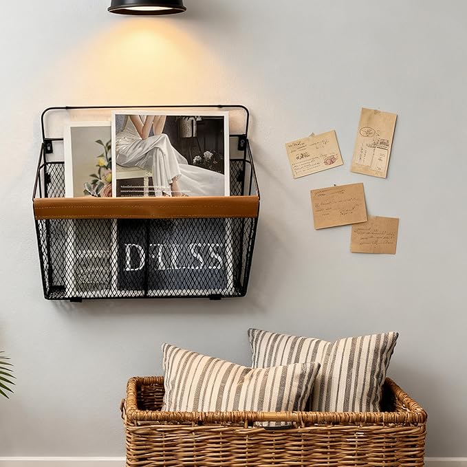Leather-Accented Wall File Holder, Art Deco Wall-Mounted Magazine Rack, Hanging Mail Organizer, Metal Wire Hanging File Organizer for Home, School, Office, Hanging Folder Organizer
