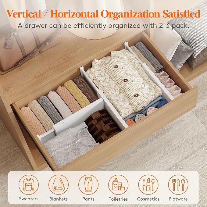 Lifewit 8 Pack 6" High Drawer Dividers 34-56cm/13.5-22" Adjustable Drawer Organizer for Clothes/Utensils, Expandable Drawer Separator in Dresser/Kitchen/Bedroom/Office Organization & Storage White