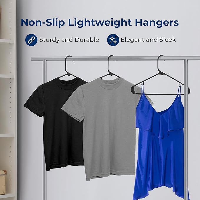 SereneLife Black Plastic Hangers 10 Pack - Clothes Hangers with Non Slip Hooks, Sturdy, Durable & Space Saving Coat Hanger, Light-Weight and Ultra-Thin, Perfect Closet Organizer for Everyday Use
