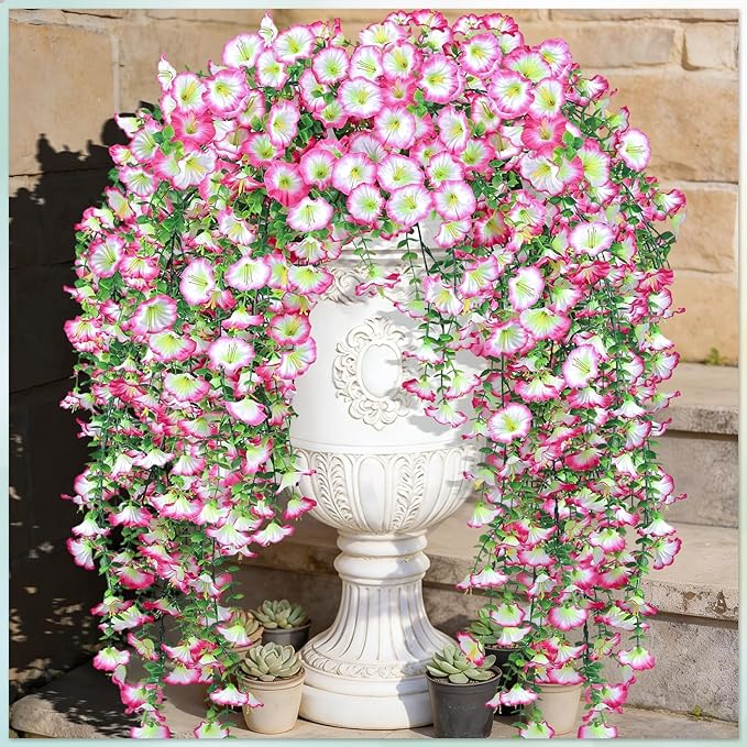 Artificial Hanging Flowers for Outdoors, 6 PCS Silk Morning Glory Artificial Flowers with Eucalyptus Leaves, UV Resistant Fake Flower Realistic Faux Plants for Home Patio Porch Garden, White+Pink