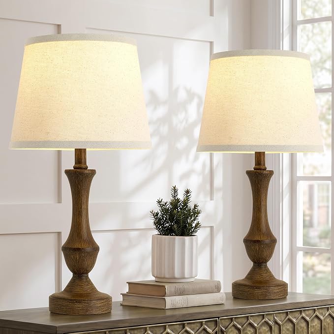 Luvkczc Table Lamp Set of 2, 19" Traditional Resin Bedside Lamps Nightstand Lamp for Living Room & Bedroom,Vintage Nightstand Lamps with Linen Shades, Wood Grain