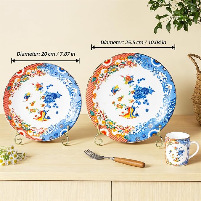 KAMMAK Ceramic Decorative Plate Set of 2, Porcelain Plates for Kitchen Dining Room Wine Cabinet Home Decor, Vintage Collector Plates with 2 Display Stand, Lotus Pattern (8-inch + 10-inch)
