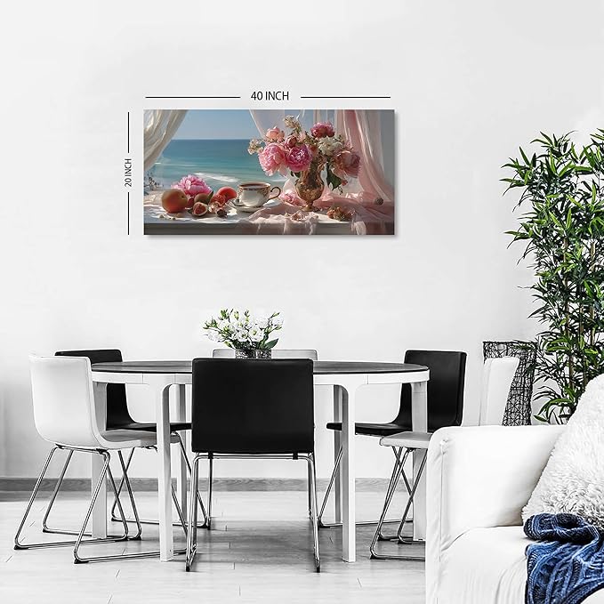 Vintage Pink Flower Wall Art Retro Flowers in Golden Vase Pictures Blue Ocean Coastal Landscape Canvas Prints Blossom Painting Poster Floral Artwork for Living Room Bathroom Home Decoration 20x40"