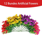 Artificial Faux Plants Flowers Outdoor Spring Summer Decoration, 12 Bundles Fake Silk Colorful Daisy Eucalyptus Realistic UV Resistant for Outside Home Planter Porch Yard Decor (Mix)